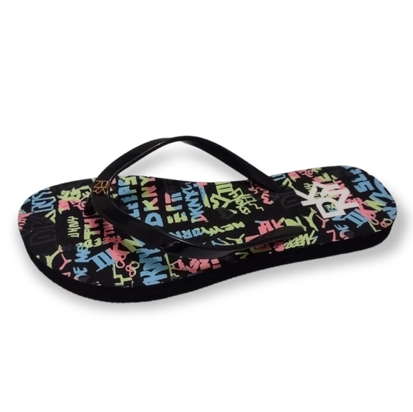 Dkny Zane Black Graffiti Sandals Flip Flops Women's Size 6 - Picture 2 of 9
